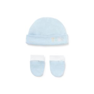 Conjunto de bebé gorro y manoplas liso celeste
