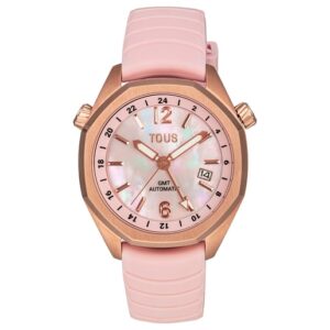 Reloj gmt automático con correa de silicona rosa, caja de acero IPRG rosa y esfera de nácar TOUS Now