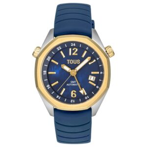 Reloj gmt automático con correa de silicona azul marino, caja de acero IPG dorado y esfera de nácar TOUS Now