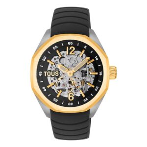 Reloj analógico automático con caja de acero IPG dorado y brazalete de silicona negra TOUS Now